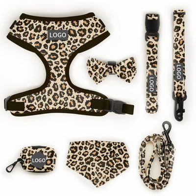 Polyester Leopard Impressão Pet Harness Sets Logotipo ajustável Collar Leash Mesh Dog Harness