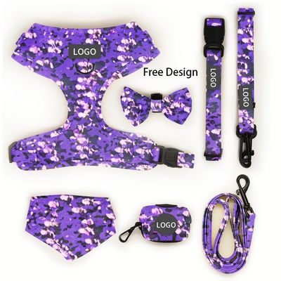 Designer de padrões de impressão personalizados Soft Padded Dog Harness Set com coleira de colete ajustável Leash e Bow Bandana em várias cores