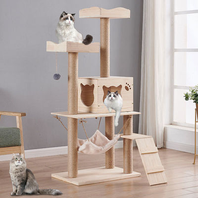 Árvore de trepadeira de gato de madeira multifuncional com design personalizável e plataforma de torre de postes de arranhões